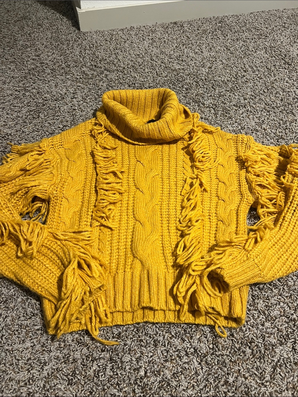 Forever 21 Mustard Yellow Fringe Cable Turtleneck Sweater